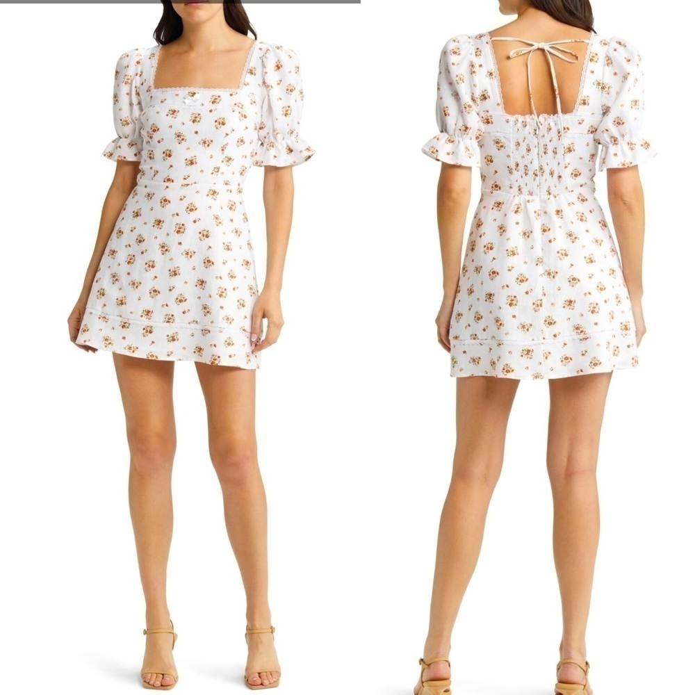 Reformation Evianna Mini Dress Womens 12 Ruffle Lace Floral Linen White Orange